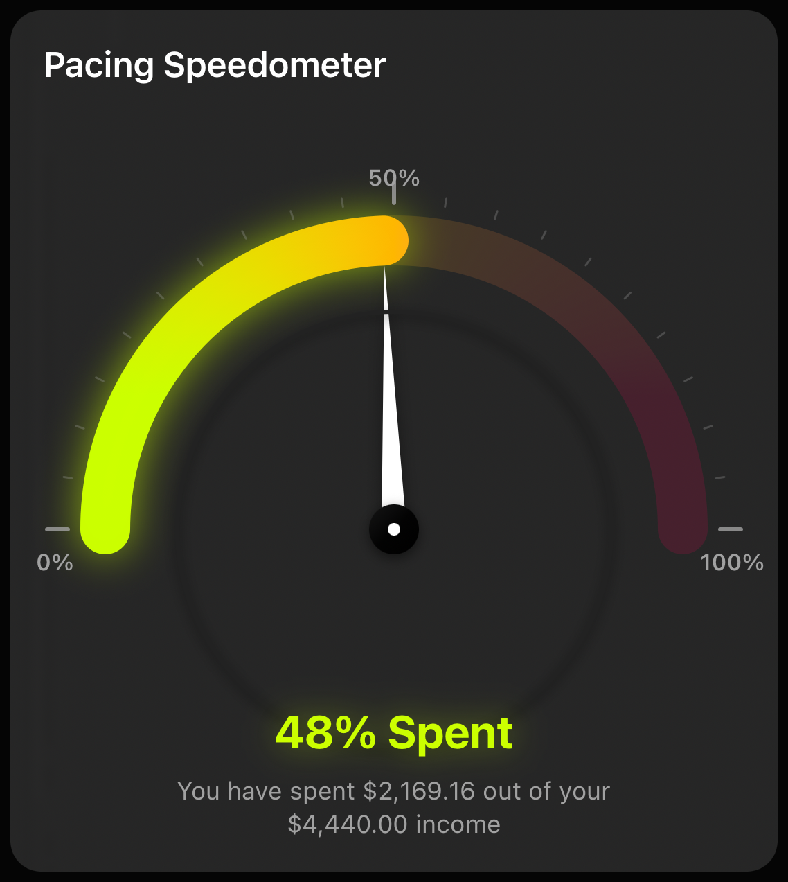 Pacing Speedometer gauge showing 48 percent of monthly income spent.