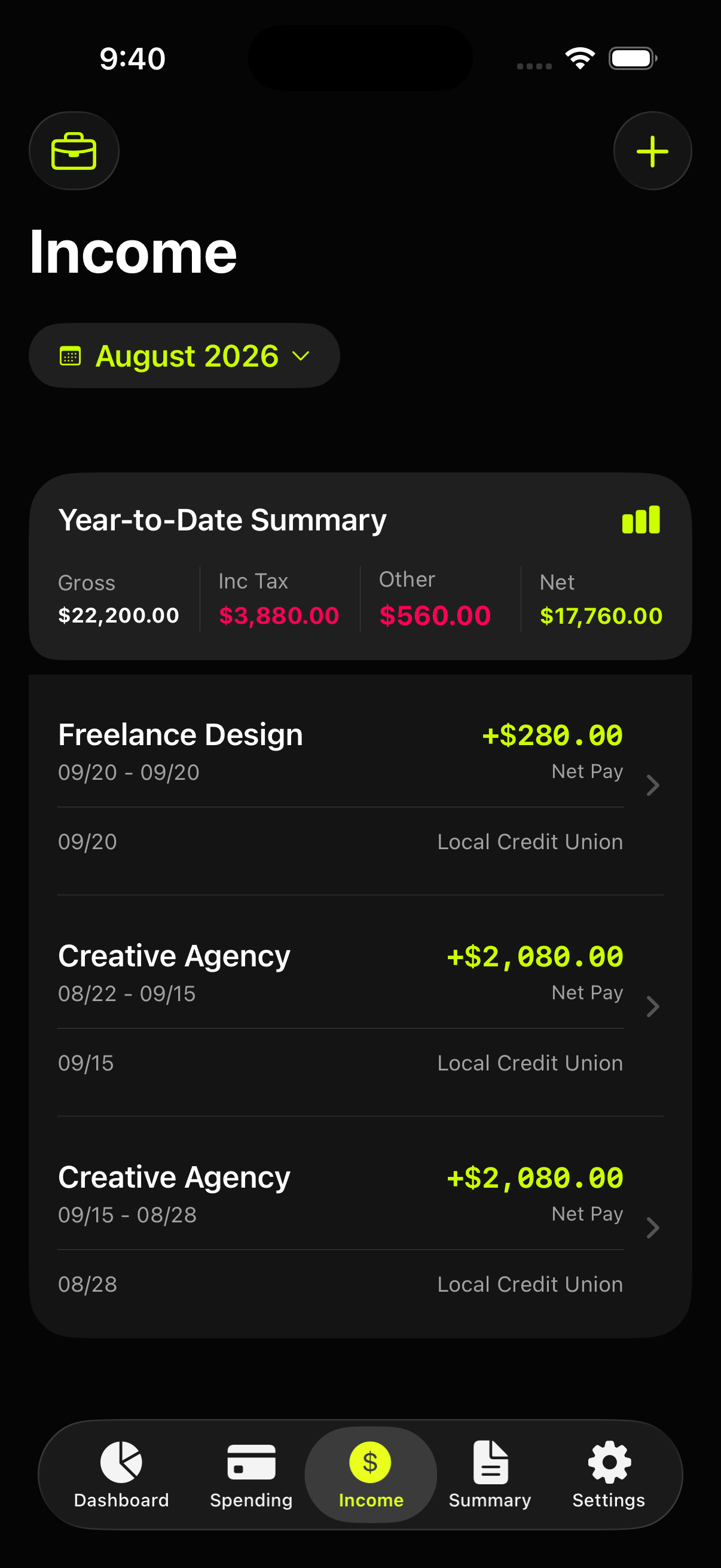 Income tab with year-to-date summary and logged pay